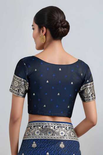Khwaab By Sanjana Lakhani_Blue Embroidery, Zari Round Neck Dark Woven Banarasi Saree With Blouse _Online_at_Aza_Fashions