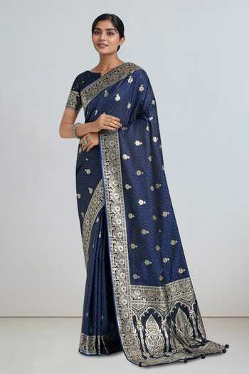 Buy_Khwaab By Sanjana Lakhani_Blue Embroidery, Zari Round Neck Dark Woven Banarasi Saree With Blouse _Online_at_Aza_Fashions