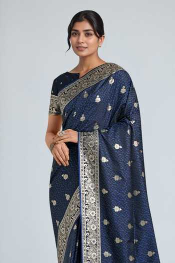 Shop_Khwaab By Sanjana Lakhani_Blue Embroidery, Zari Round Neck Dark Woven Banarasi Saree With Blouse _Online_at_Aza_Fashions