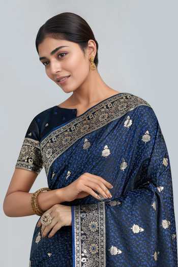 Khwaab By Sanjana Lakhani_Blue Embroidery, Zari Round Neck Dark Woven Banarasi Saree With Blouse _at_Aza_Fashions