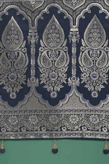 Shop_Khwaab By Sanjana Lakhani_Blue Embroidery, Zari Round Neck Dark Woven Banarasi Saree With Blouse 