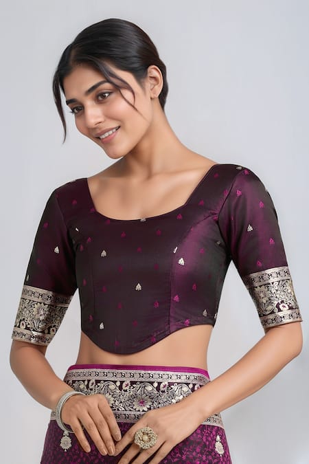 Samyukta Singhania_Wine Zari Round Neck Banarasi Satin Silk Saree With Blouse _Online_at_Aza_Fashions