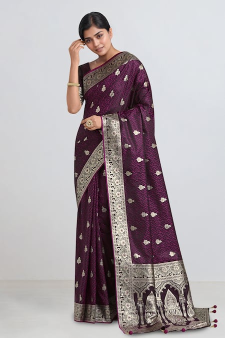 Samyukta Singhania Wine Zari Round Neck Banarasi Satin Silk Saree With Blouse 