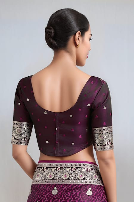Buy_Samyukta Singhania_Wine Zari Round Neck Banarasi Satin Silk Saree With Blouse _Online_at_Aza_Fashions
