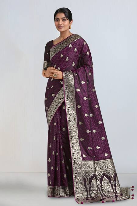 Shop_Samyukta Singhania_Wine Zari Round Neck Banarasi Satin Silk Saree With Blouse _Online_at_Aza_Fashions