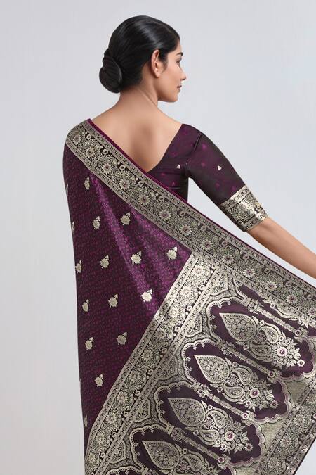 Samyukta Singhania_Wine Zari Round Neck Banarasi Satin Silk Saree With Blouse _at_Aza_Fashions