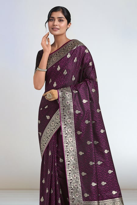 Buy_Samyukta Singhania_Wine Zari Round Neck Banarasi Satin Silk Saree With Blouse 