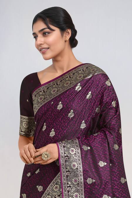Shop_Samyukta Singhania_Wine Zari Round Neck Banarasi Satin Silk Saree With Blouse 