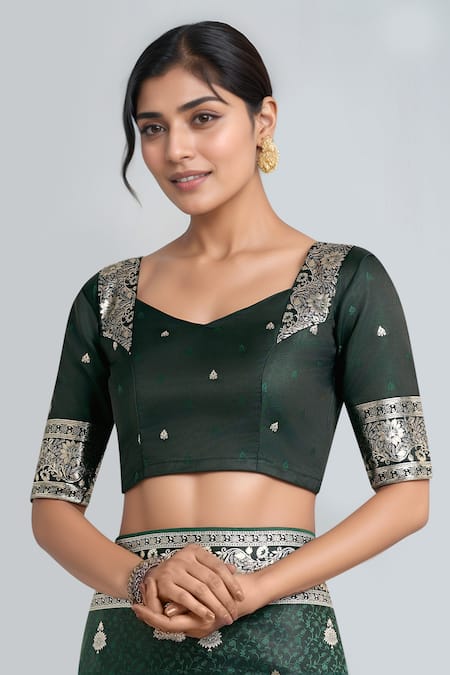 Samyukta Singhania_Green Embroidery, Zari Round Neck Dark Woven Banarasi Saree With Blouse _Online_at_Aza_Fashions
