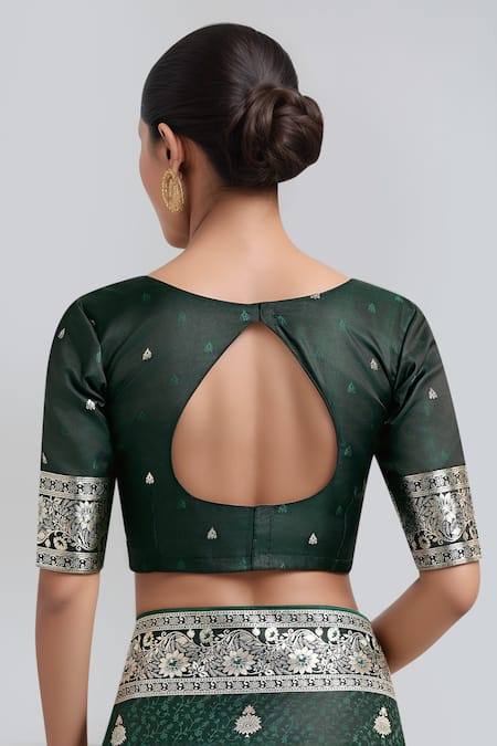 Buy_Samyukta Singhania_Green Embroidery, Zari Round Neck Dark Woven Banarasi Saree With Blouse _Online_at_Aza_Fashions