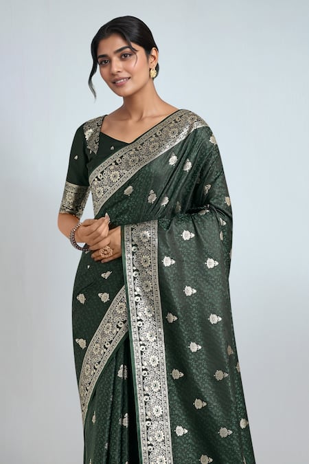 Shop_Samyukta Singhania_Green Embroidery, Zari Round Neck Dark Woven Banarasi Saree With Blouse _Online_at_Aza_Fashions