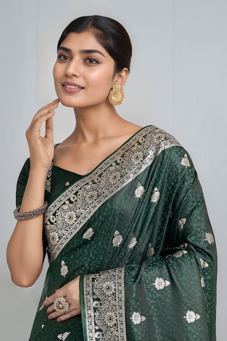 Shop_Samyukta Singhania_Green Embroidery, Zari Round Neck Dark Woven Banarasi Saree With Blouse 