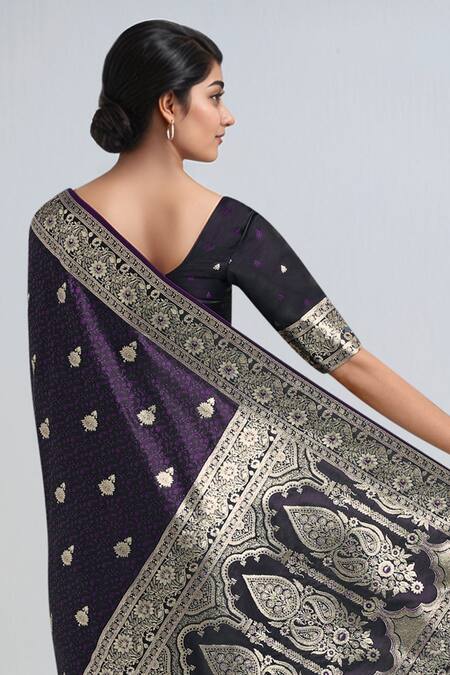 Shop Naintara Bajaj Purple Zari Round Neck Woven Banarasi Saree With Blouse Online at Aza Fashions Shop_Naintara Bajaj_Purple Zari Round Neck Woven Banarasi Saree With Blouse _Online_at_Aza_Fashions