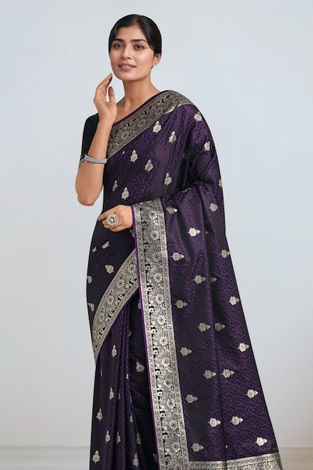 Naintara Bajaj Purple Zari Round Neck Woven Banarasi Saree With Blouse at Aza Fashions Naintara Bajaj_Purple Zari Round Neck Woven Banarasi Saree With Blouse _at_Aza_Fashions