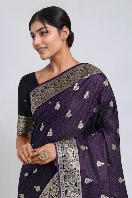 Buy Naintara Bajaj Purple Zari Round Neck Woven Banarasi Saree With Blouse Buy_Naintara Bajaj_Purple Zari Round Neck Woven Banarasi Saree With Blouse