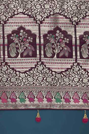 Khwaab By Sanjana Lakhani Wine Embroidery, Zari V-neck Woven Banarasi Saree With Blouse Online at Aza Fashions Khwaab By Sanjana Lakhani_Wine Embroidery, Zari V-neck Woven Banarasi Saree With Blouse _Online_at_Aza_Fashions