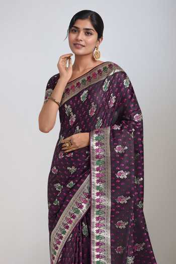 Buy Khwaab By Sanjana Lakhani Wine Embroidery, Zari V-neck Woven Banarasi Saree With Blouse Online at Aza Fashions Buy_Khwaab By Sanjana Lakhani_Wine Embroidery, Zari V-neck Woven Banarasi Saree With Blouse _Online_at_Aza_Fashions