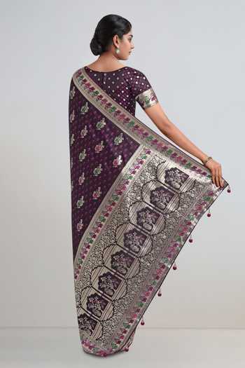 Shop Khwaab By Sanjana Lakhani Wine Embroidery, Zari V-neck Woven Banarasi Saree With Blouse at Aza Fashions Shop_Khwaab By Sanjana Lakhani_Wine Embroidery, Zari V-neck Woven Banarasi Saree With Blouse _at_Aza_Fashions