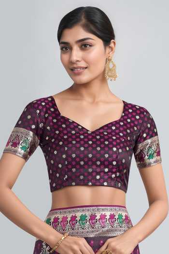 Shop Khwaab By Sanjana Lakhani Wine Embroidery, Zari V-neck Woven Banarasi Saree With Blouse Online at Aza Fashions Shop_Khwaab By Sanjana Lakhani_Wine Embroidery, Zari V-neck Woven Banarasi Saree With Blouse _Online_at_Aza_Fashions