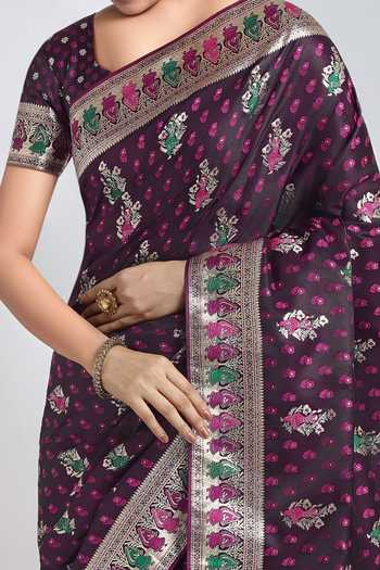 Khwaab By Sanjana Lakhani Wine Embroidery, Zari V-neck Woven Banarasi Saree With Blouse at Aza Fashions Khwaab By Sanjana Lakhani_Wine Embroidery, Zari V-neck Woven Banarasi Saree With Blouse _at_Aza_Fashions