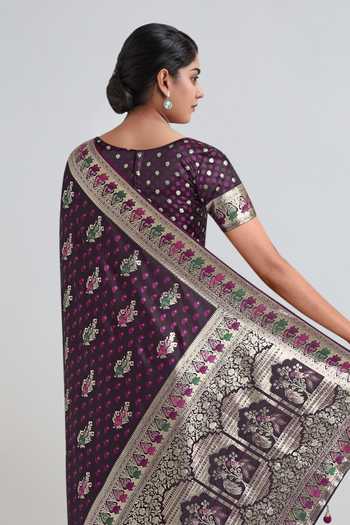 Buy Khwaab By Sanjana Lakhani Wine Embroidery, Zari V-neck Woven Banarasi Saree With Blouse Buy_Khwaab By Sanjana Lakhani_Wine Embroidery, Zari V-neck Woven Banarasi Saree With Blouse