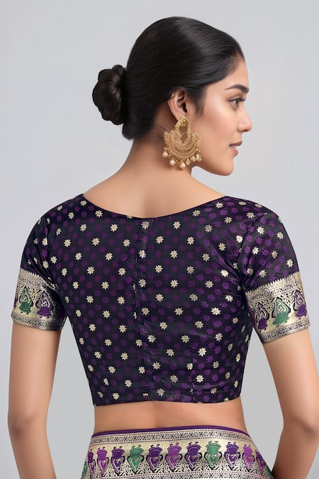 Samyukta Singhania_Purple Embroidery, Zari V-neck Woven Banarasi Saree With Blouse _Online_at_Aza_Fashions