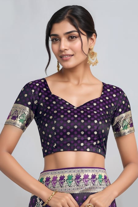 Shop_Samyukta Singhania_Purple Embroidery, Zari V-neck Woven Banarasi Saree With Blouse _Online_at_Aza_Fashions