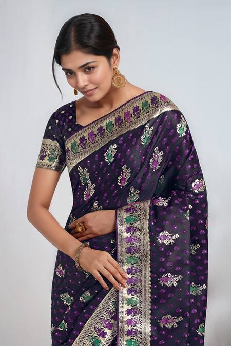 Samyukta Singhania_Purple Embroidery, Zari V-neck Woven Banarasi Saree With Blouse _at_Aza_Fashions