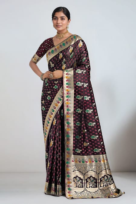 Samyukta Singhania Maroon Zari Woven Banarasi Saree With Blouse 