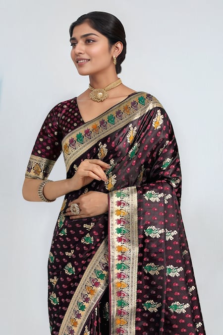 Buy_Samyukta Singhania_Maroon Zari V-neck Woven Banarasi Saree With Blouse _Online_at_Aza_Fashions