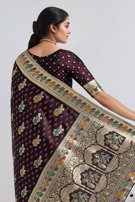 Shop_Samyukta Singhania_Maroon Zari V-neck Woven Banarasi Saree With Blouse _Online_at_Aza_Fashions