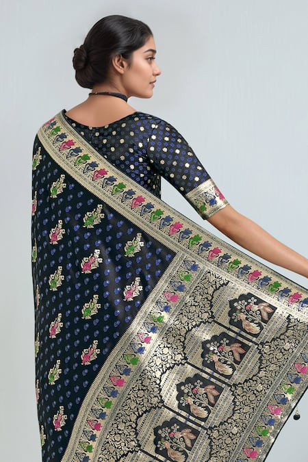 Shop_Samyukta Singhania_Blue Zari V-neck Dark Woven Banarasi Saree With Blouse _Online_at_Aza_Fashions