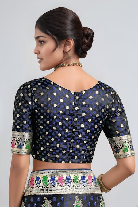 Samyukta Singhania_Blue Zari V-neck Dark Woven Banarasi Saree With Blouse _at_Aza_Fashions