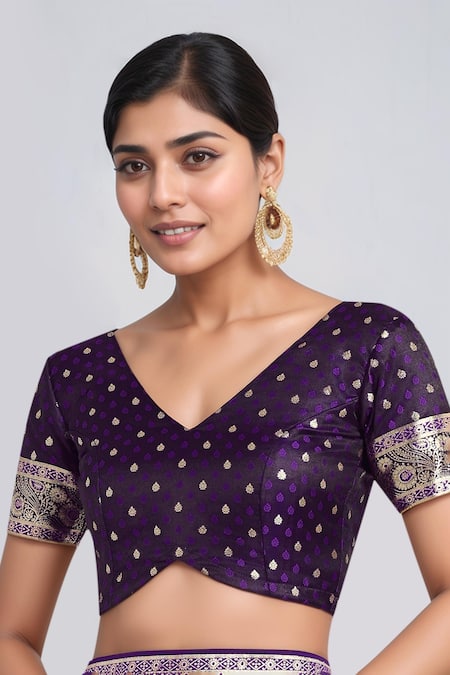 Samyukta Singhania Purple Embroidery, Zari V-neck Woven Banarasi Saree With Blouse Online at Aza Fashions Samyukta Singhania_Purple Embroidery, Zari V-neck Woven Banarasi Saree With Blouse _Online_at_Aza_Fashions