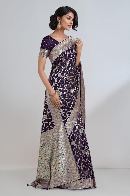 Buy Samyukta Singhania Purple Embroidery, Zari V-neck Woven Banarasi Saree With Blouse Online at Aza Fashions Buy_Samyukta Singhania_Purple Embroidery, Zari V-neck Woven Banarasi Saree With Blouse _Online_at_Aza_Fashions