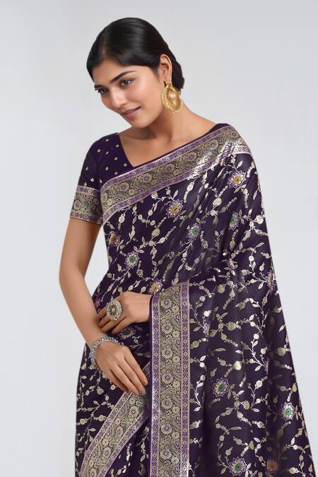 Shop Samyukta Singhania Purple Embroidery, Zari V-neck Woven Banarasi Saree With Blouse Online at Aza Fashions Shop_Samyukta Singhania_Purple Embroidery, Zari V-neck Woven Banarasi Saree With Blouse _Online_at_Aza_Fashions