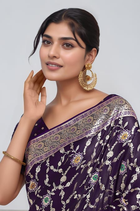 Samyukta Singhania Purple Embroidery, Zari V-neck Woven Banarasi Saree With Blouse at Aza Fashions Samyukta Singhania_Purple Embroidery, Zari V-neck Woven Banarasi Saree With Blouse _at_Aza_Fashions