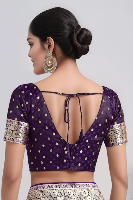 Shop Samyukta Singhania Purple Embroidery, Zari V-neck Woven Banarasi Saree With Blouse Shop_Samyukta Singhania_Purple Embroidery, Zari V-neck Woven Banarasi Saree With Blouse