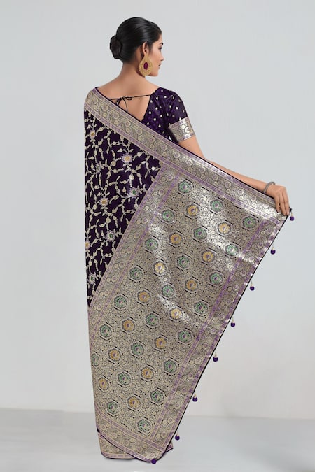 Shop Samyukta Singhania Purple Embroidery, Zari V-neck Woven Banarasi Saree With Blouse at Aza Fashions Shop_Samyukta Singhania_Purple Embroidery, Zari V-neck Woven Banarasi Saree With Blouse _at_Aza_Fashions