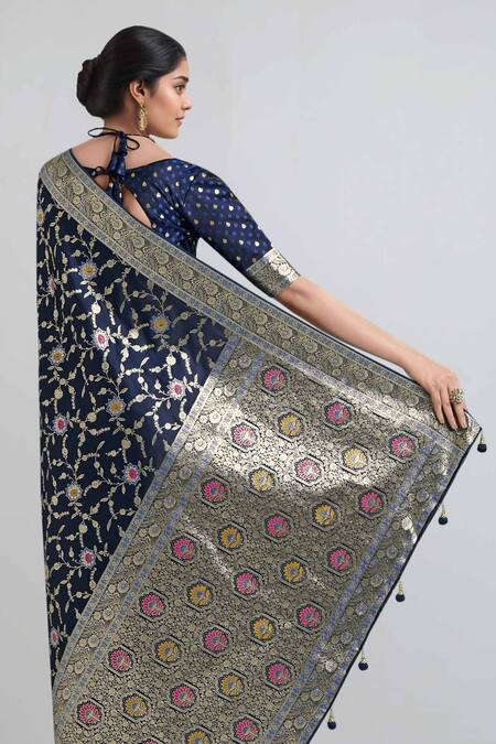 Samyukta Singhania Blue Silk Tassels, Embroidery, Zari Dark Woven Banarasi Saree With Blouse Online at Aza Fashions Samyukta Singhania_Blue Silk Tassels, Embroidery, Zari Dark Woven Banarasi Saree With Blouse _Online_at_Aza_Fashions