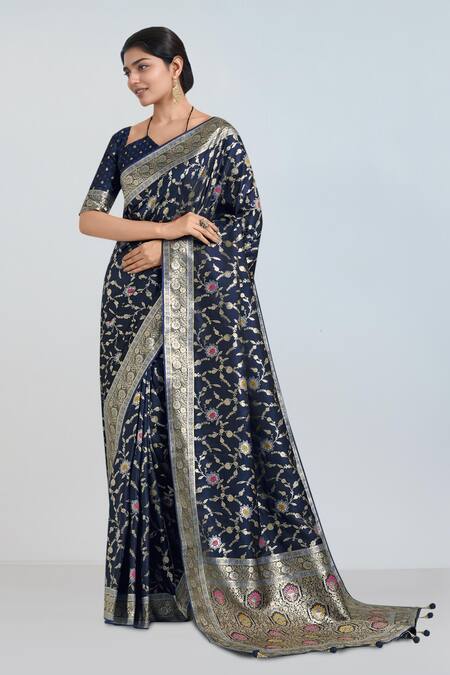 Buy Samyukta Singhania Blue Silk Tassels, Embroidery, Zari Dark Woven Banarasi Saree With Blouse Online at Aza Fashions Buy_Samyukta Singhania_Blue Silk Tassels, Embroidery, Zari Dark Woven Banarasi Saree With Blouse _Online_at_Aza_Fashions
