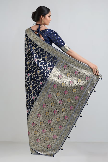 Shop Samyukta Singhania Blue Silk Tassels, Embroidery, Zari Dark Woven Banarasi Saree With Blouse at Aza Fashions Shop_Samyukta Singhania_Blue Silk Tassels, Embroidery, Zari Dark Woven Banarasi Saree With Blouse _at_Aza_Fashions