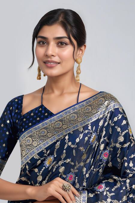 Shop Samyukta Singhania Blue Silk Tassels, Embroidery, Zari Dark Woven Banarasi Saree With Blouse Shop_Samyukta Singhania_Blue Silk Tassels, Embroidery, Zari Dark Woven Banarasi Saree With Blouse