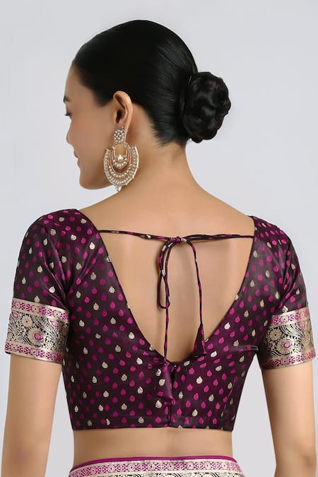Buy_Samyukta Singhania_Wine Zari V-neck Woven Banarasi Saree With Blouse _Online_at_Aza_Fashions
