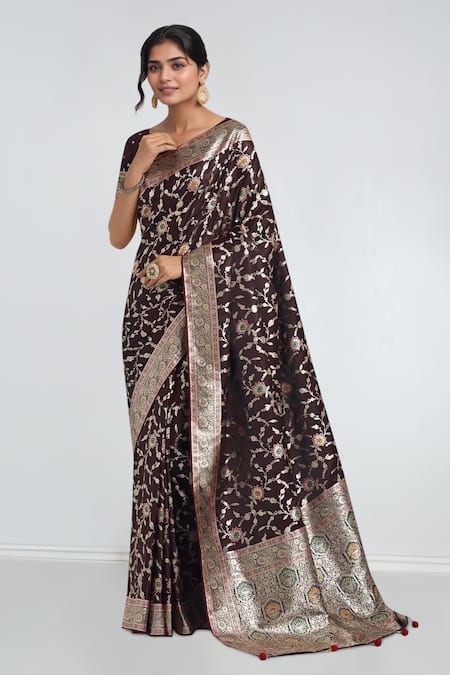 Samyukta Singhania Maroon Zari Woven Banarasi Saree With Blouse 