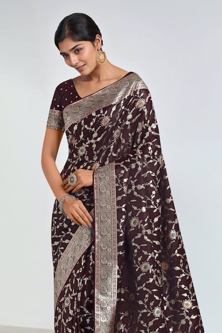Shop_Samyukta Singhania_Maroon Embroidery, Zari V-neck Woven Banarasi Saree With Blouse _Online_at_Aza_Fashions
