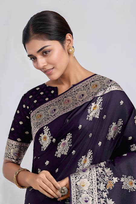 Buy_Samyukta Singhania_Purple Embroidery, Zari Round Neck Dark Woven Banarasi Saree With Blouse _Online_at_Aza_Fashions