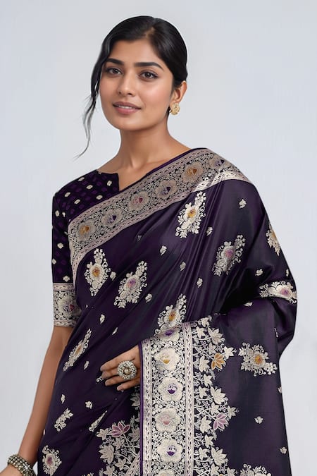 Shop_Samyukta Singhania_Purple Embroidery, Zari Round Neck Dark Woven Banarasi Saree With Blouse _Online_at_Aza_Fashions