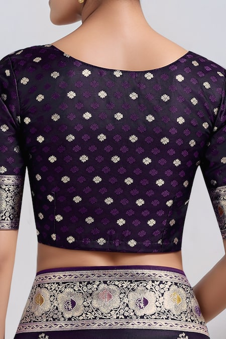 Samyukta Singhania_Purple Embroidery, Zari Round Neck Dark Woven Banarasi Saree With Blouse _at_Aza_Fashions