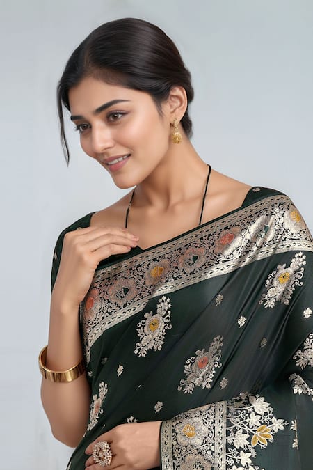 Buy_Samyukta Singhania_Green Zari V-neck Dark Woven Banarasi Saree With Blouse _Online_at_Aza_Fashions
